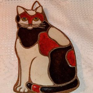 Victoria Littlejohn Brown and White Calico Cat Wall Hanging Art Trivet MCM
